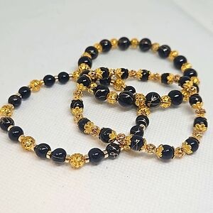 Hand Crafted Gold Lace Black Agate Beads with Gold Accents. Three Bracelets.